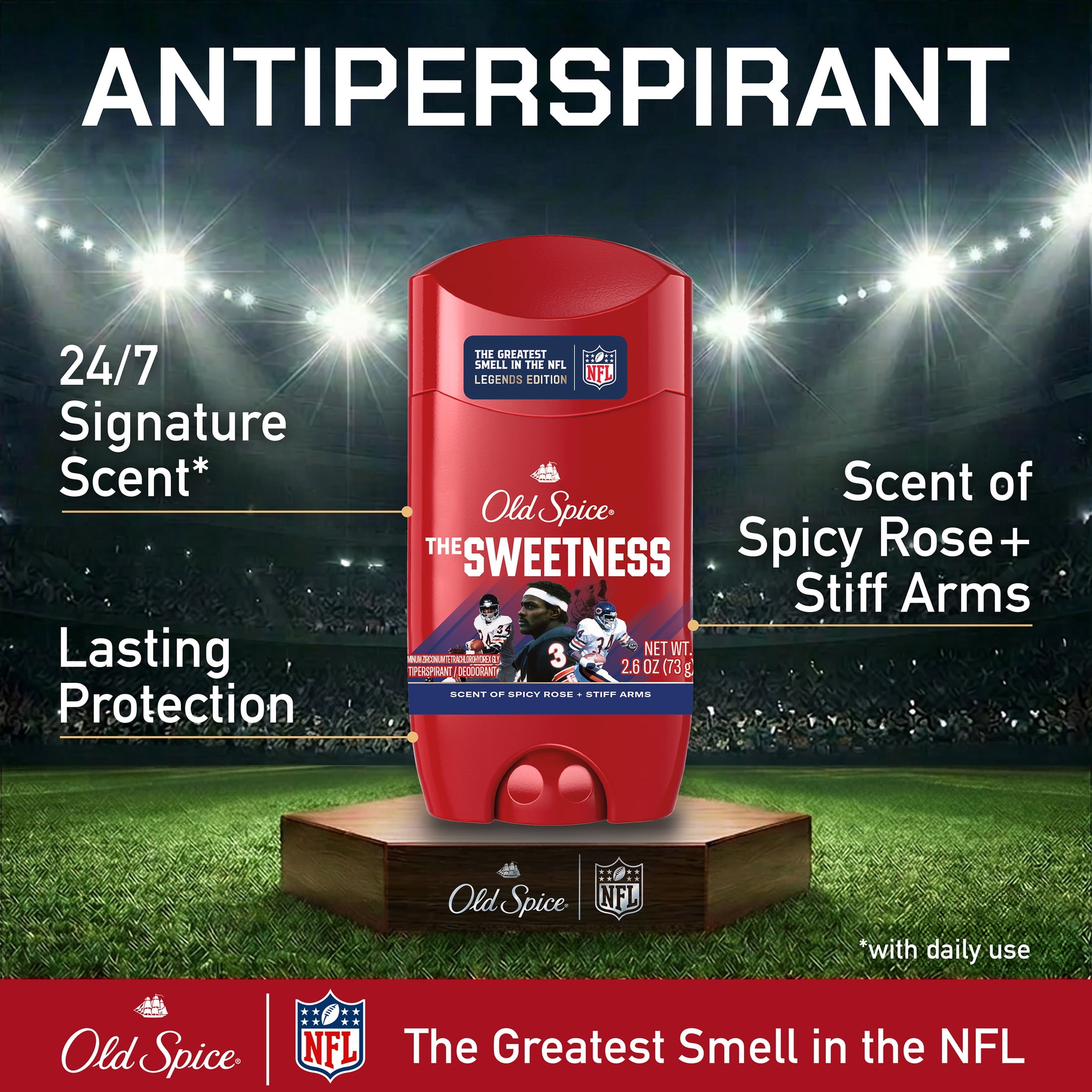 Old Spice Deodorant for Men, Antiperspirant, NFL Collection, Walter Payton, Scent of Spicy Rose + Stiff Arms, 2.6 oz