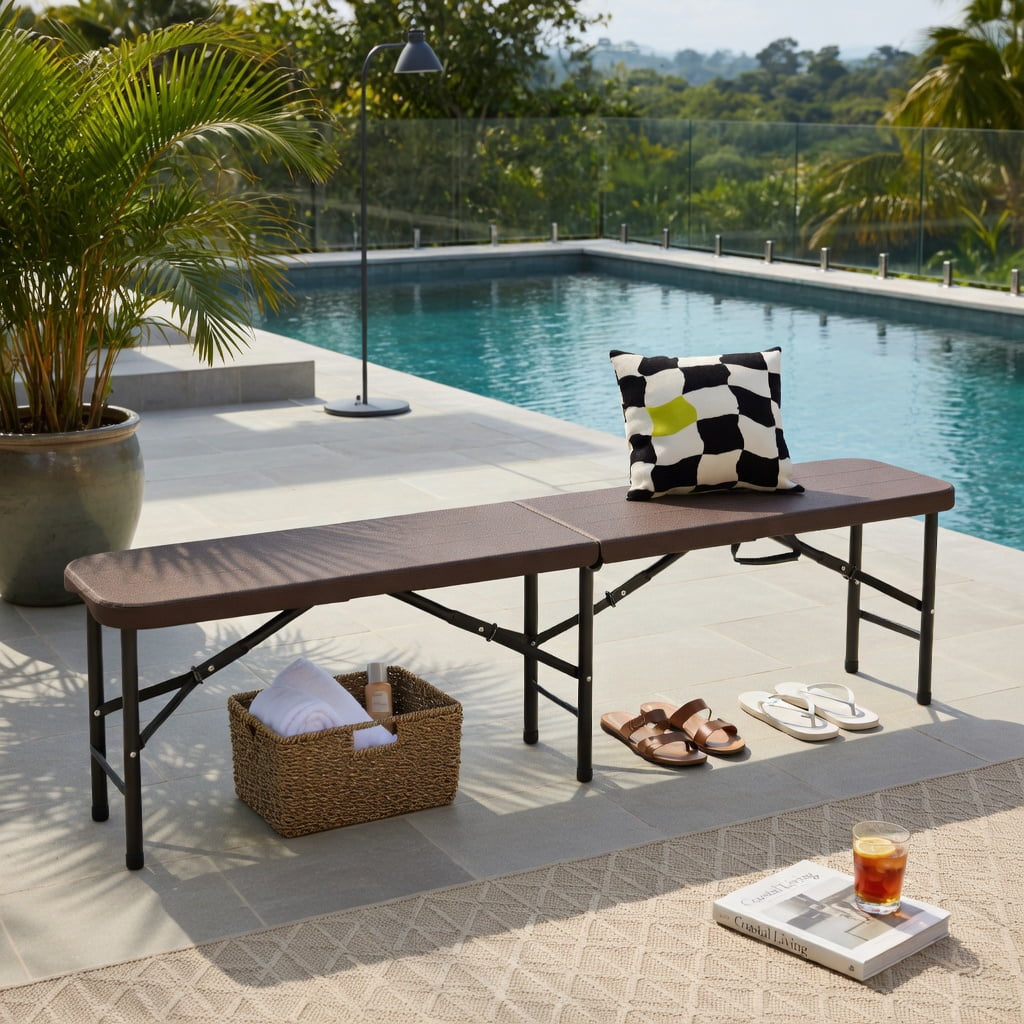Hommoo 6 Foot Heavy-Duty Folding HDPE Picnic Bench, Compact Foldable Design with Secure Handle Lock, Outdoor Bench for Camping, Backyard, Sports Events, Brown