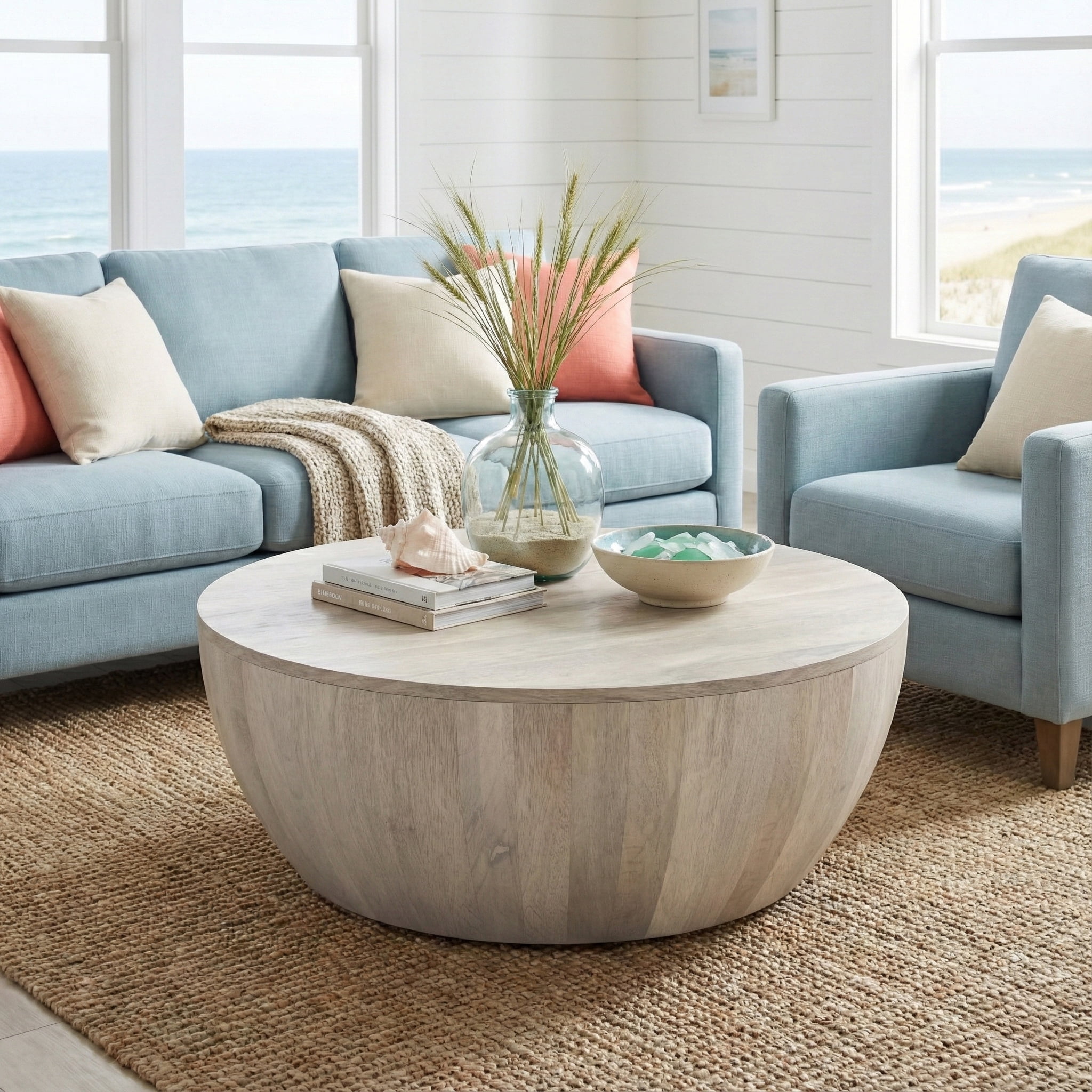 Simpli Home Elmbrook 34 inch Wide Solid Mango Wood Drum Coffee Table, Weathered White