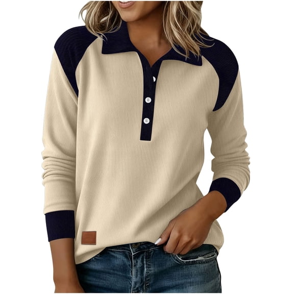 Vinsonshop Womens Long Sleeve Polo Shirts Color Block Button Down Collared V Neck Casual Ribbed Knit Henley Tops Fall Fashion Beige L