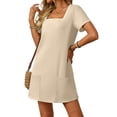 thumbnail image 2 of Womens Solid Color Casual Summer Square Neck Short Sleeve Mini Dresses with Pockets S, 2 of 9