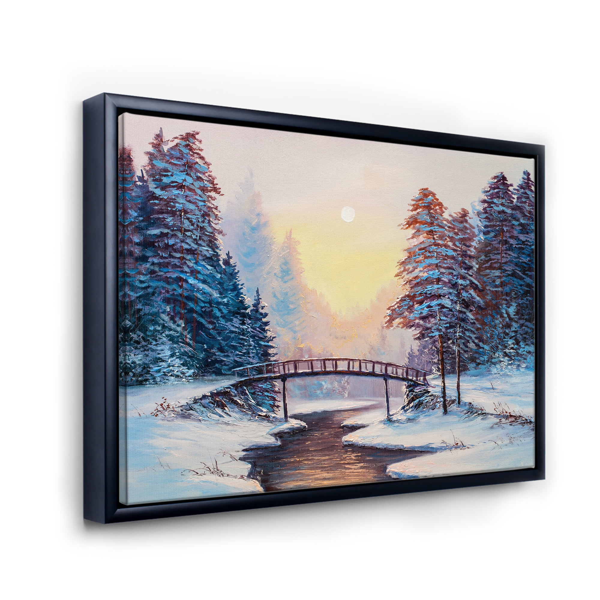 Designart 'Snow Covered Landscape and Little Bridge' Traditional Framed Canvas Wall Art Print
