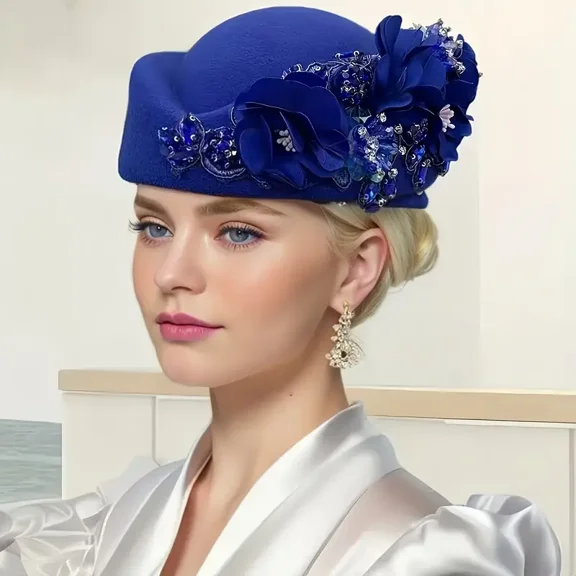 Vintage Hats for Women - Elegant English Felt Turban Hat with Floral Lace, Fashion Beret for Weddings, Tea Parties & Church Events, Women's Dress Hat