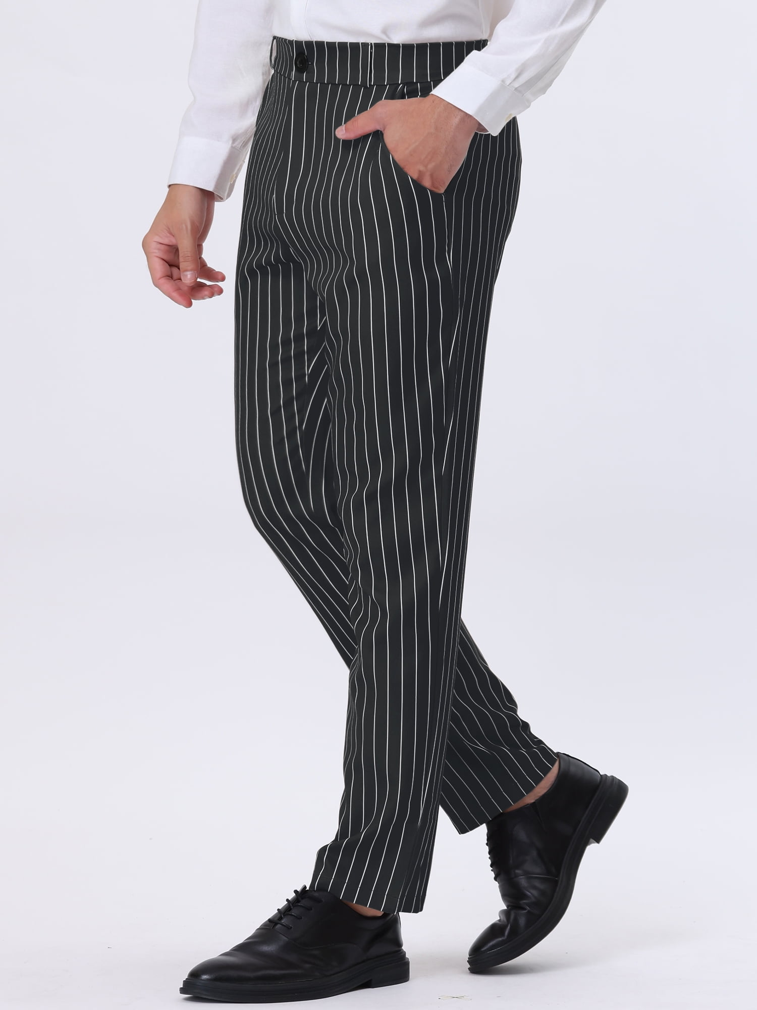 Unique Bargains Men's Striped Dress Pants Straight Fit Color Block Office Suit Trousers 28 Black