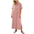 thumbnail image 2 of Sokhug Womens Maxi Shirt Dress Cotton Blend Short Sleeve Button Down Dress with Pockets Side Split Loose Casual Dresses, 2 of 6