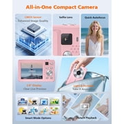Pink Digital Camera, 4K 64MP Compact with Autofocus, Selfie Screen, 16X Zoom, 2.7 LCD, Flash, 32GB SD Card – Lightweight for Travel, Vlogging & YouTube
