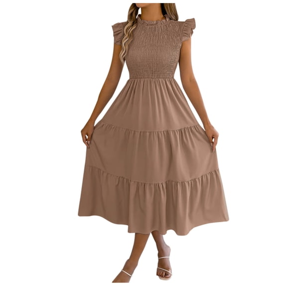 cocolona Womens Summer A-Line Tiered Long Dress Ruffle Sleeve Crew Neck Flowy Sundress Vacation Beach Dress