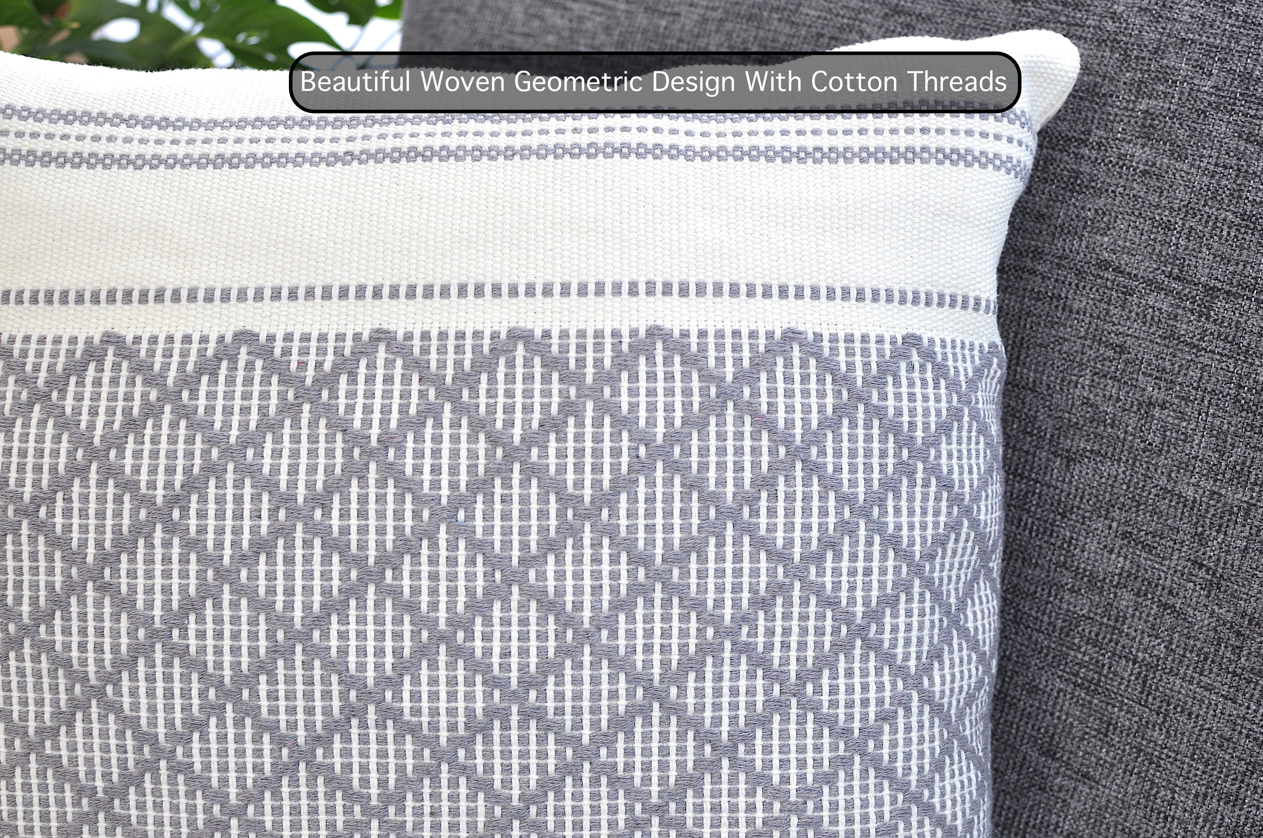 Cotton Woven Designer Throw Pillow Cover, Grey and Cream White, 16 x 16 inches | Square Gray Cushion Covers with Geometric Design Set of 2