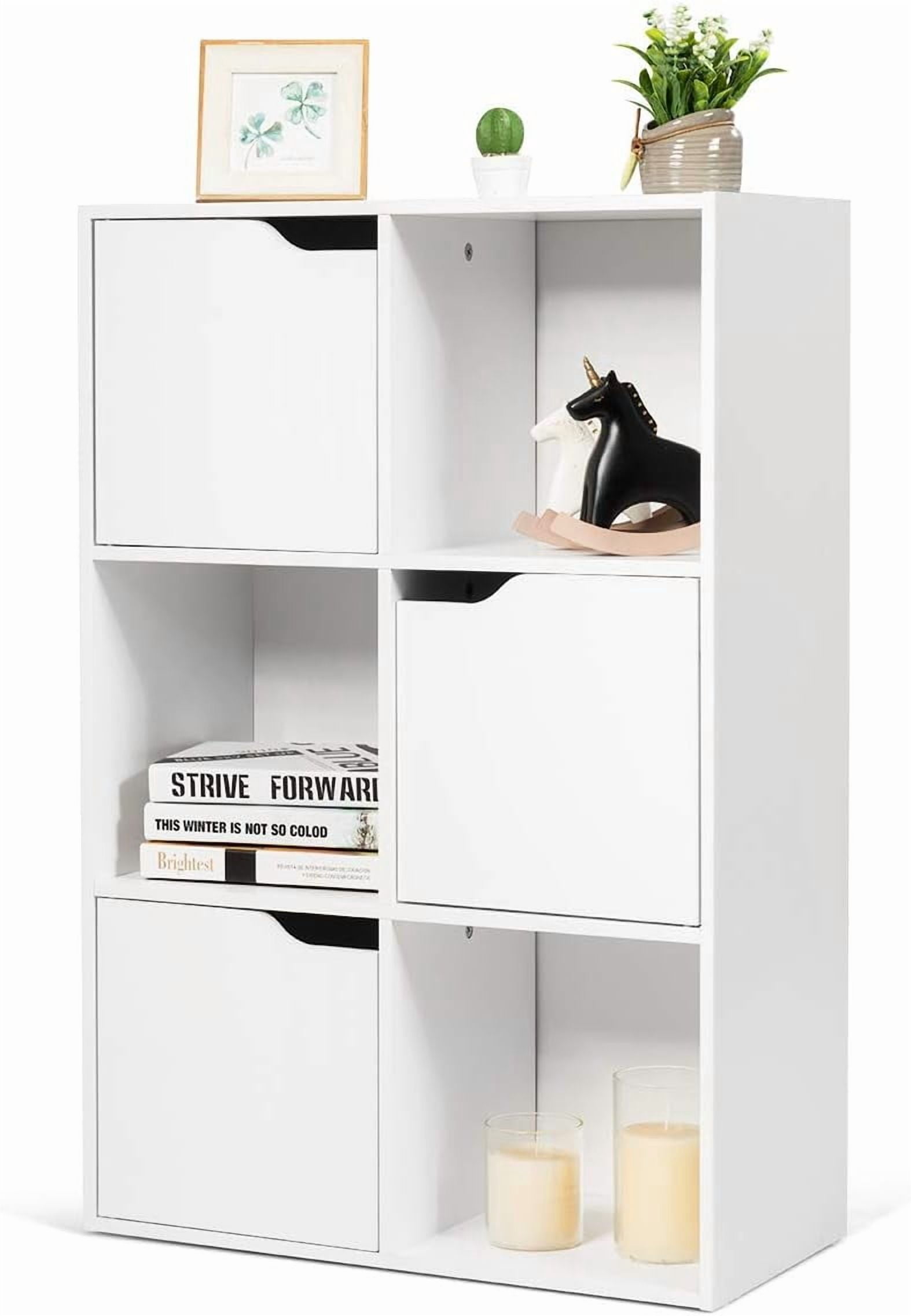 Favory 6-Cube Storage Organizer, Storage Cabinet with 4 Open Cubes and 5 Cabinets, Freestanding Wooden Cubby Bookcase, Compartment Units for Home Office, 3-Tier Bookshelf for Books,White