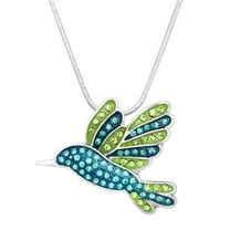 Hummingbird Pendant Necklace Rhinestone Crystal Rhodium Plated 17 Inch Snake Chain J0354