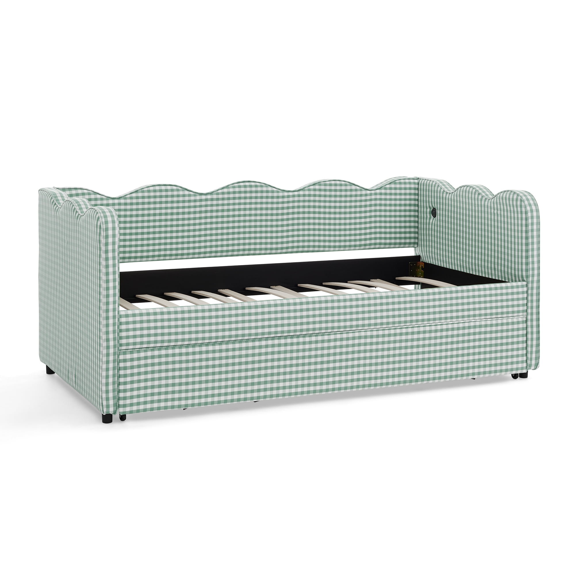 GARITIN Twin Size Daybed with Trundle, Gingham Sofa Bed with USB Port and Wavy Shape Headboard for Kids Room, Cyan