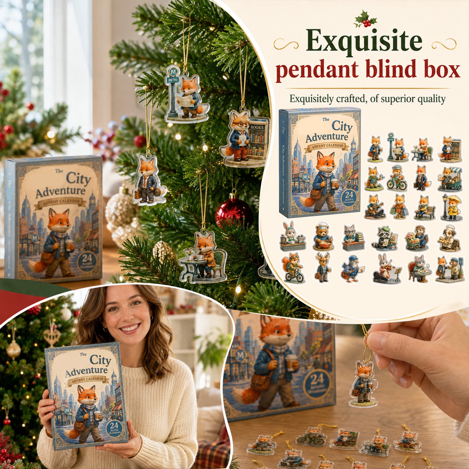 Christmas Advent Calendar with 24 Acrylic Ornaments 24-Piece Set Multicolor City Adventure Design for Student Decoration