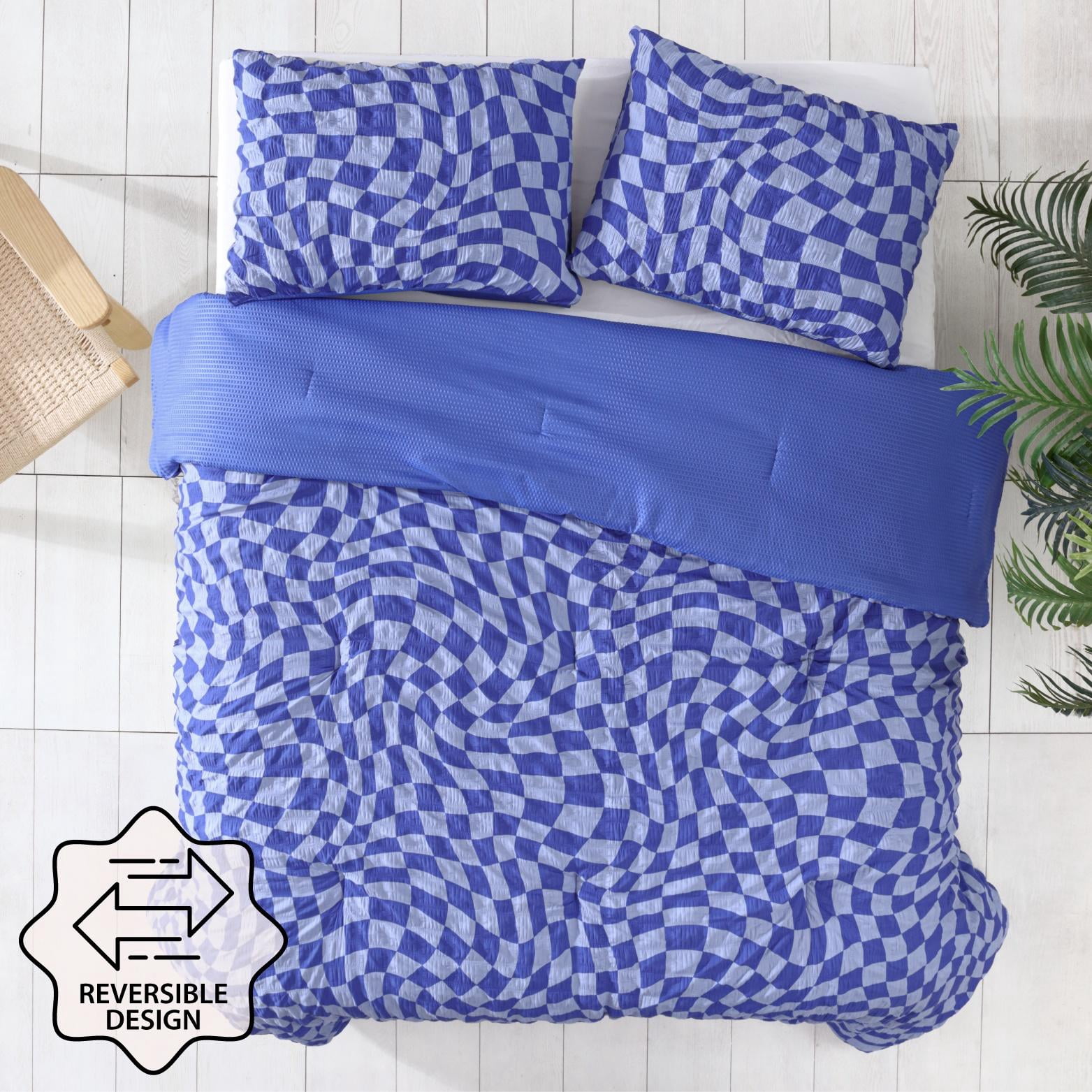Urban Shop 3 Piece Textured Blue Check Comforter Set, Full/Queen