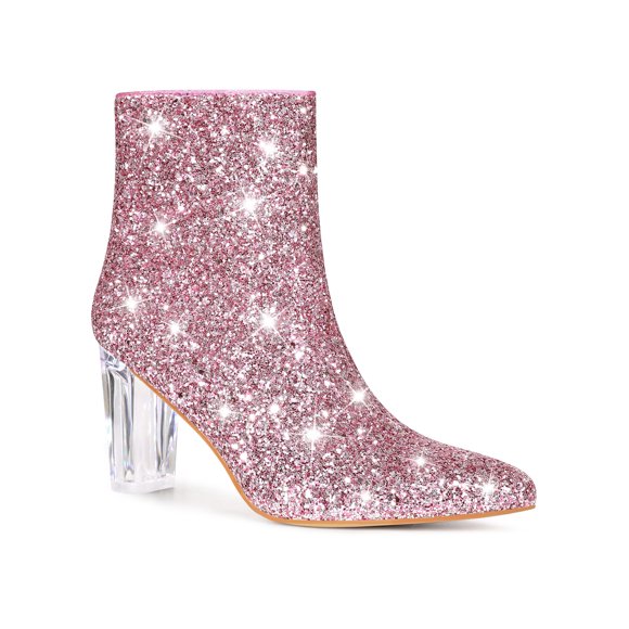 Perphy Clear Block Heel Sparkly Glitter Ankle Boots for Women Pink (Size 9)