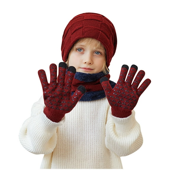 Kids Winter Hat Glove Scarf Sets Knitted Toddler Cap Beanie Touchscreen Mitten Neck Warmer for Boys Girls 1-11 Years