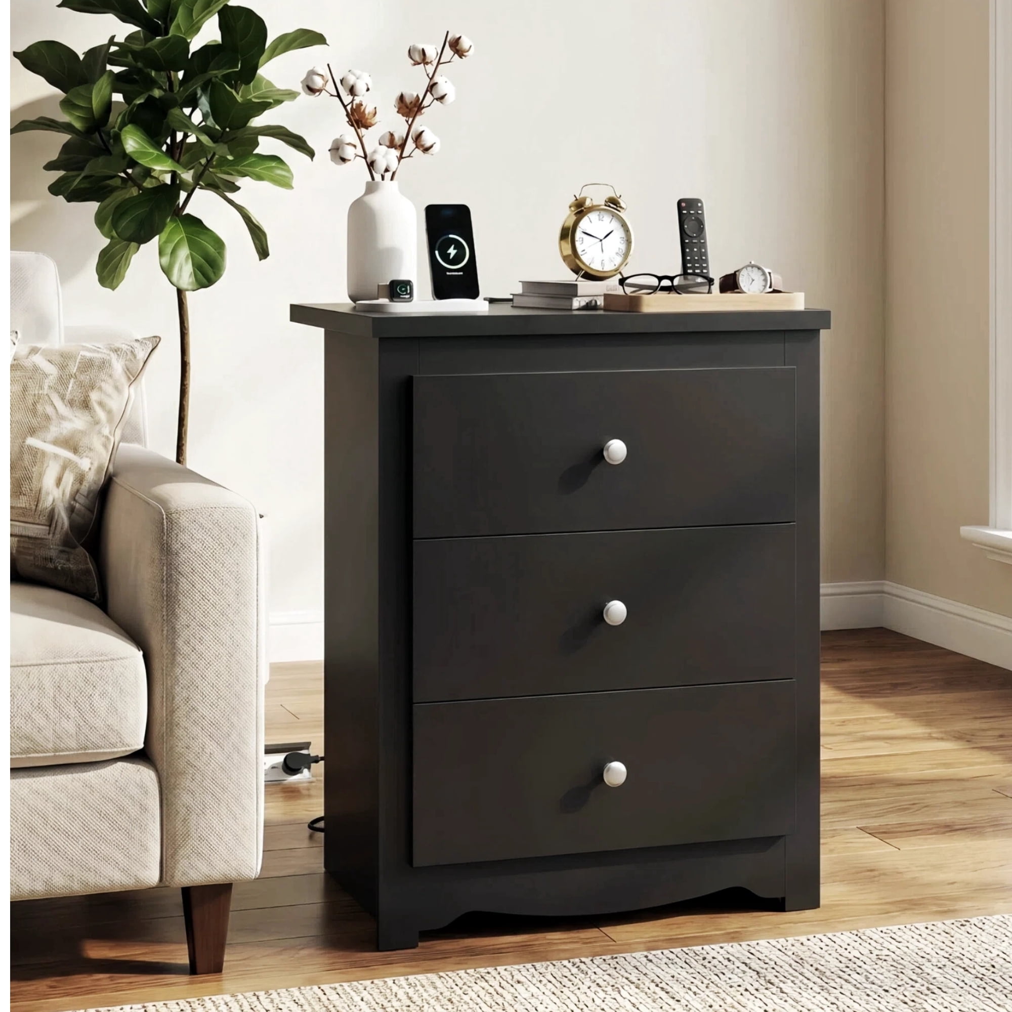 GALAXHERO Tall Black Nightstand with Charging Station and 3 Drawers, Wood Bedside End Table with 2 USB Ports & 2 AC Outlets for Bedroom Living Room Dorm