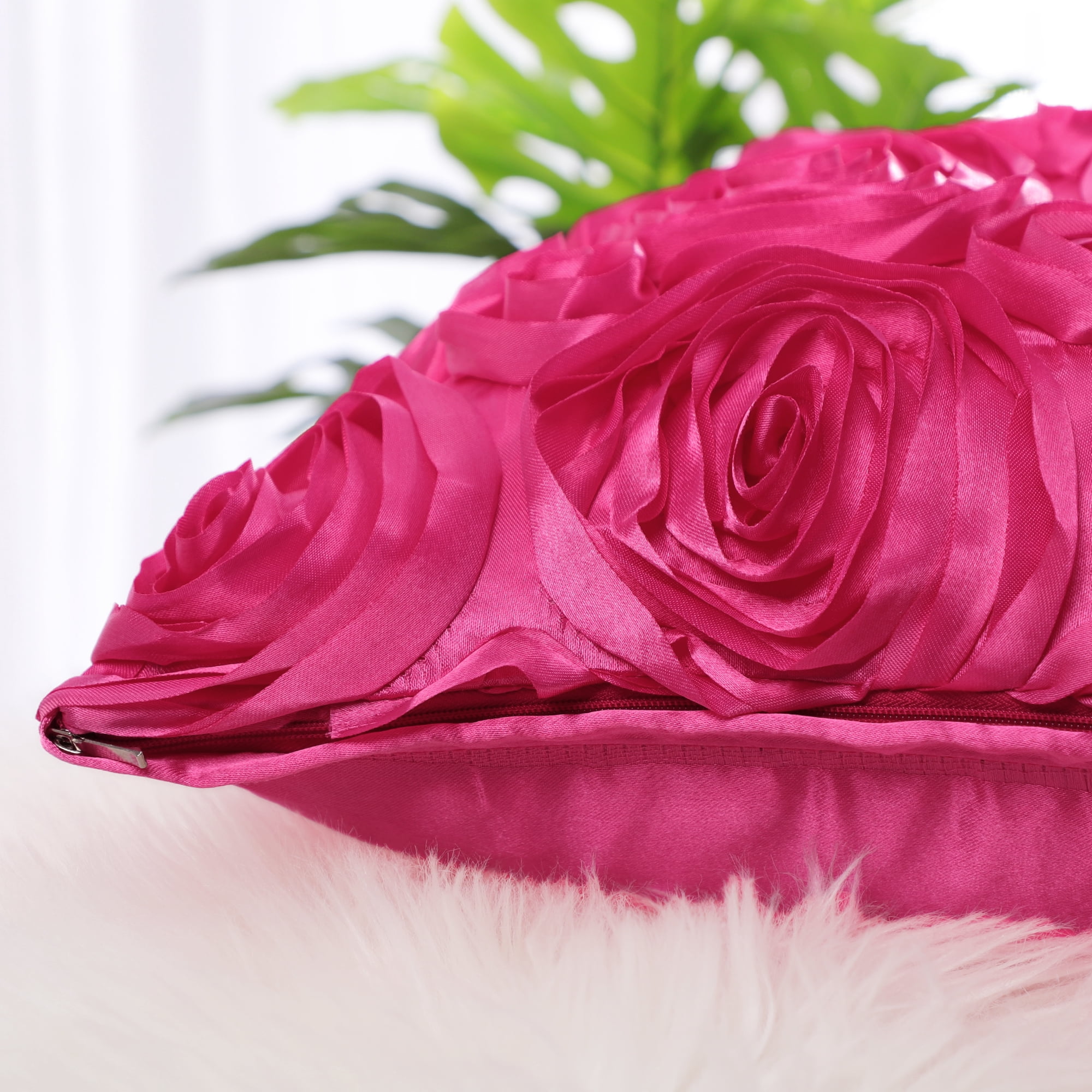 PiccoCasa Decorative Throw Pillow Covers 3D Satin Rose Flower Shells Cushion Covers, 2Pcs, 16"x16" Fuchsia