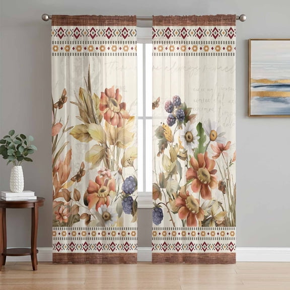 Vintage Floral Sheer Curtains 84 Inch Length 2 Panels Set Window Treatments, Elegant Pastoral Botanical Retro Art Rod Pocket Semi Curtains for Living Room/Bedroom/Kitchen Décor, 104"W x 84"L