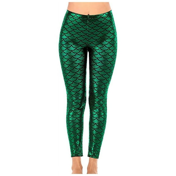 Women'S Mermaid Legging in Shiny Green Fish Scale Design High Waisted Stretch Pants for Casual and Wear-M