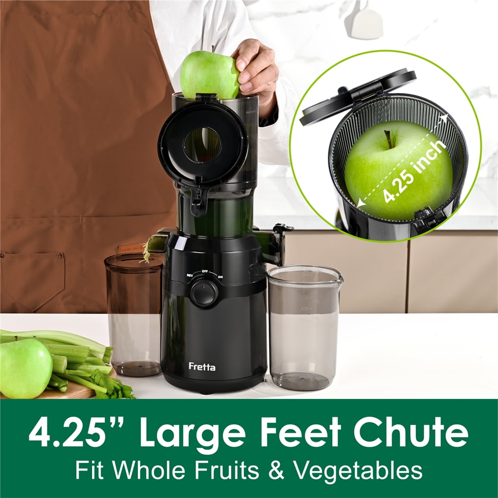 Fretta Slow Masticating Juicer Machines with 4.25" Feed Chute, Cold Press Juicer Machines Fit Whole Fruits & Vegetables, BPA Free (Black)