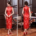 thumbnail image 2 of Women Summer Cheongsam Stand Collar Floral Print Hollow Out Split Hem Sleeveless Qipao Slim Fit Retro Chinese Style Mid-calf Length Wedding Party Cocktail Dress, 2 of 7