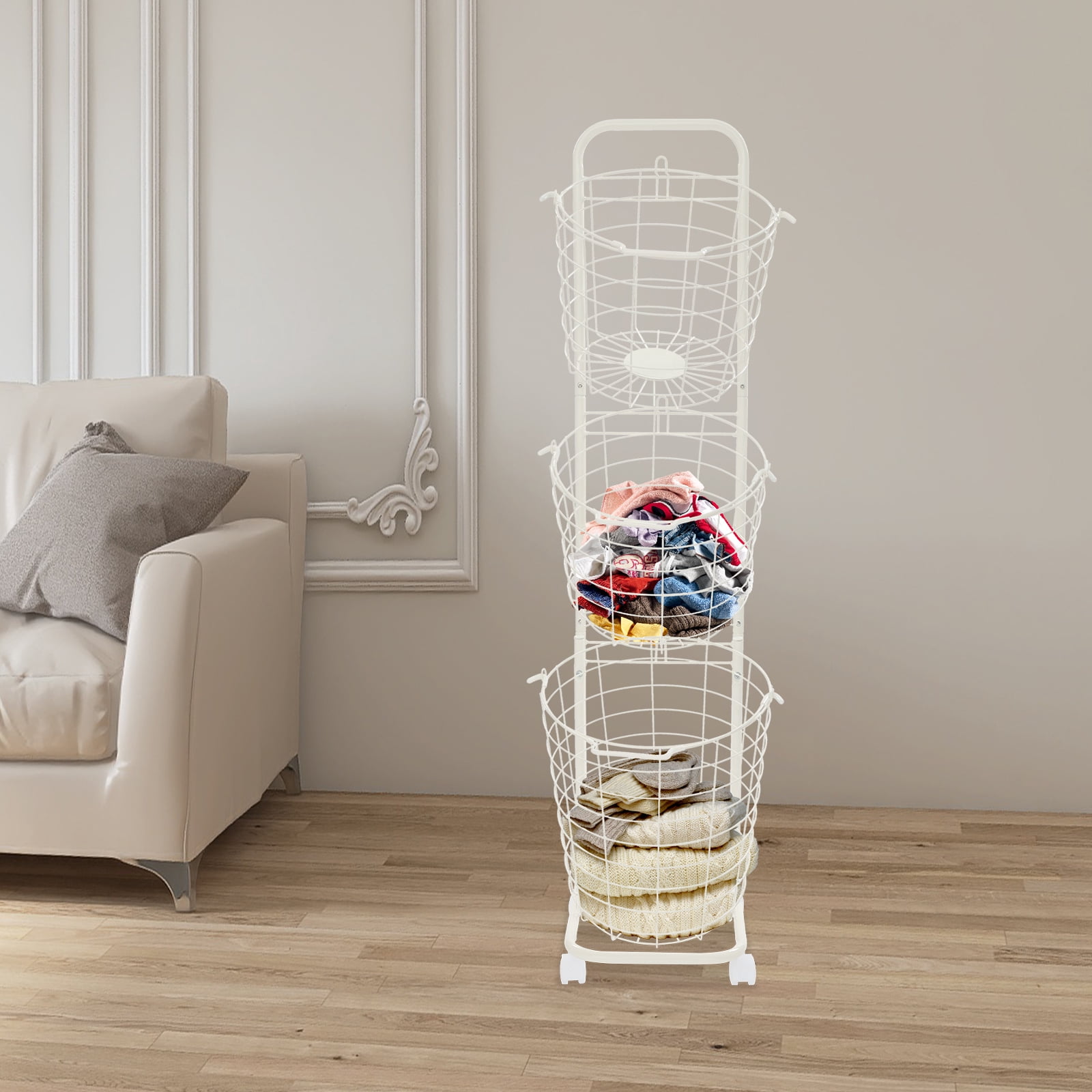 3-tier Laundry Hamper, Laundry Basket with Wheels and 3 Removable Basket White