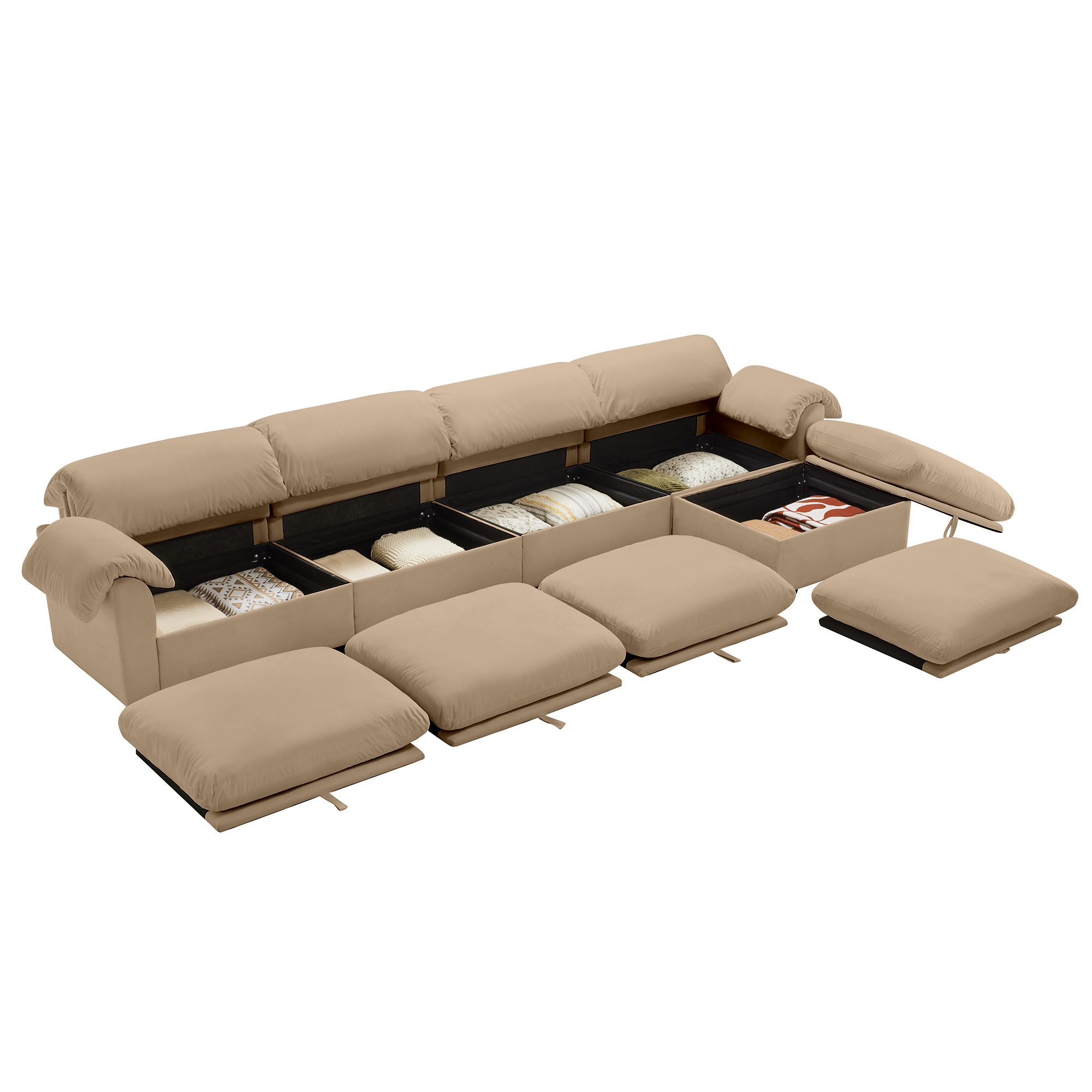 Gewnee Modern 4 Seaters 154.7"Deep Seat Comfy Velvet Oversize Sofa Couch with 1 Storage Footstool and 4 Waist Pillows for Living Room