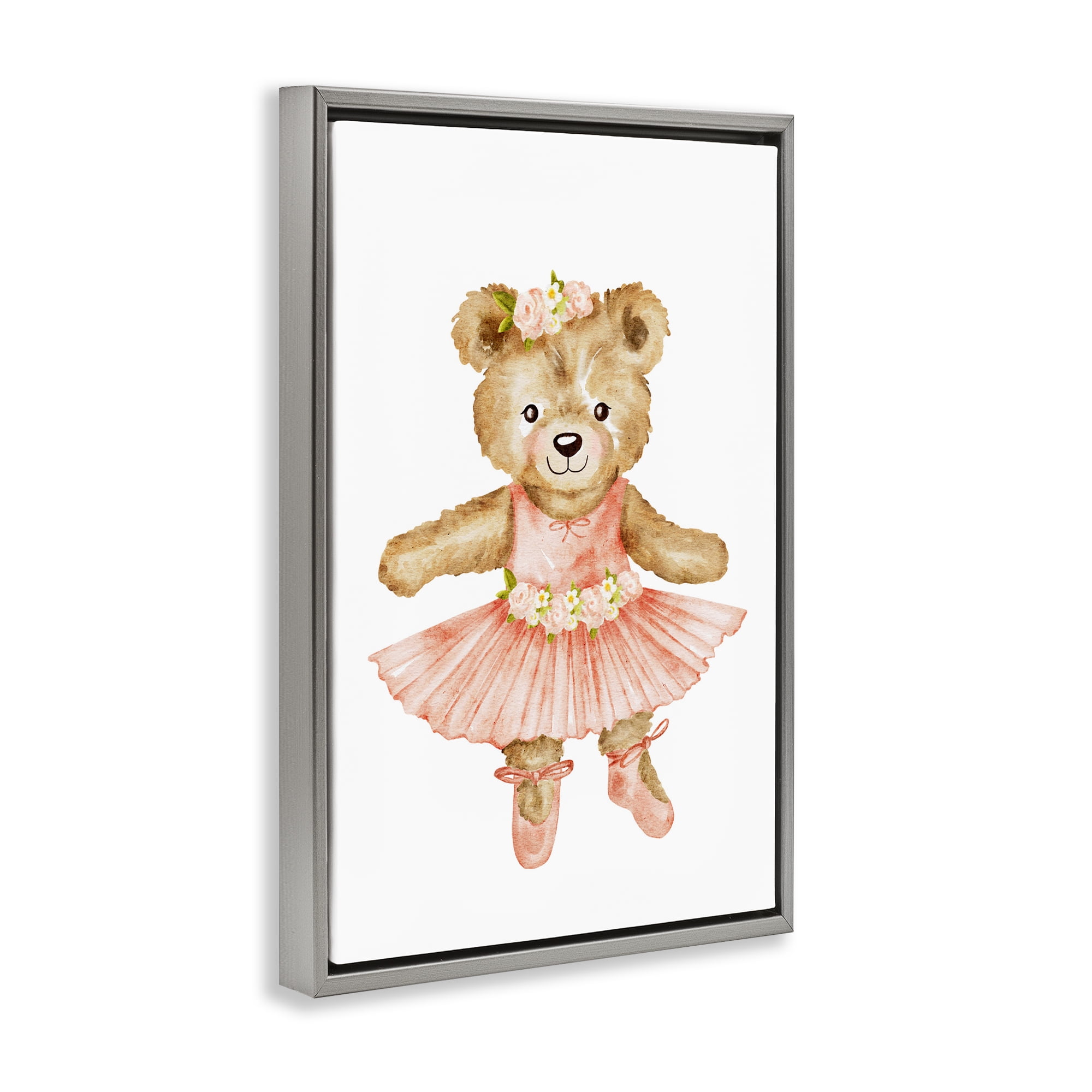 Floral Ballerina Teddy Bear Gray Framed Floater Canvas Wall Art, design by Amy Hall