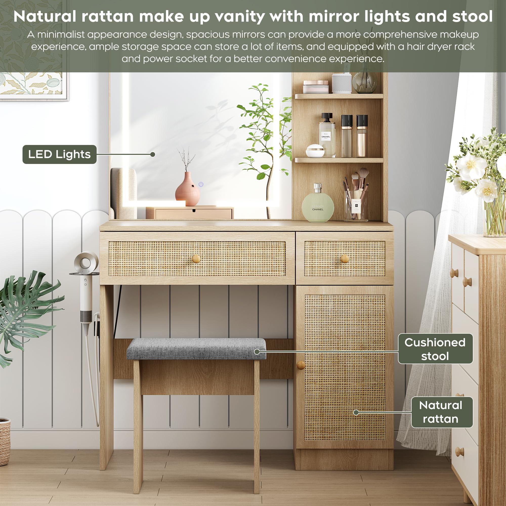 Brafabhome Boho Makeup Vanity Table and Stool with Lighted Mirror and USB Power, Rattan Vanity Table Set with Storage Shelves and Hair Dryer Stand for Makeup Room Bedroom | Beige