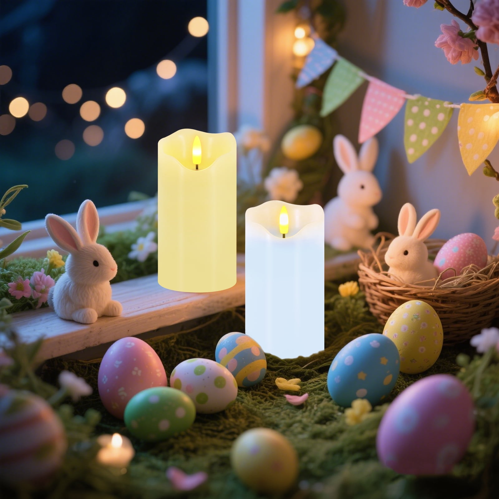 Flameless Candles Light, Set of 2 6"x3" Flickering Pastel Spring LED Candles with Remote & Timer, Dimmable Real Wax Easter Pillar Candles Battery Operated for Home Spring Easter Decor