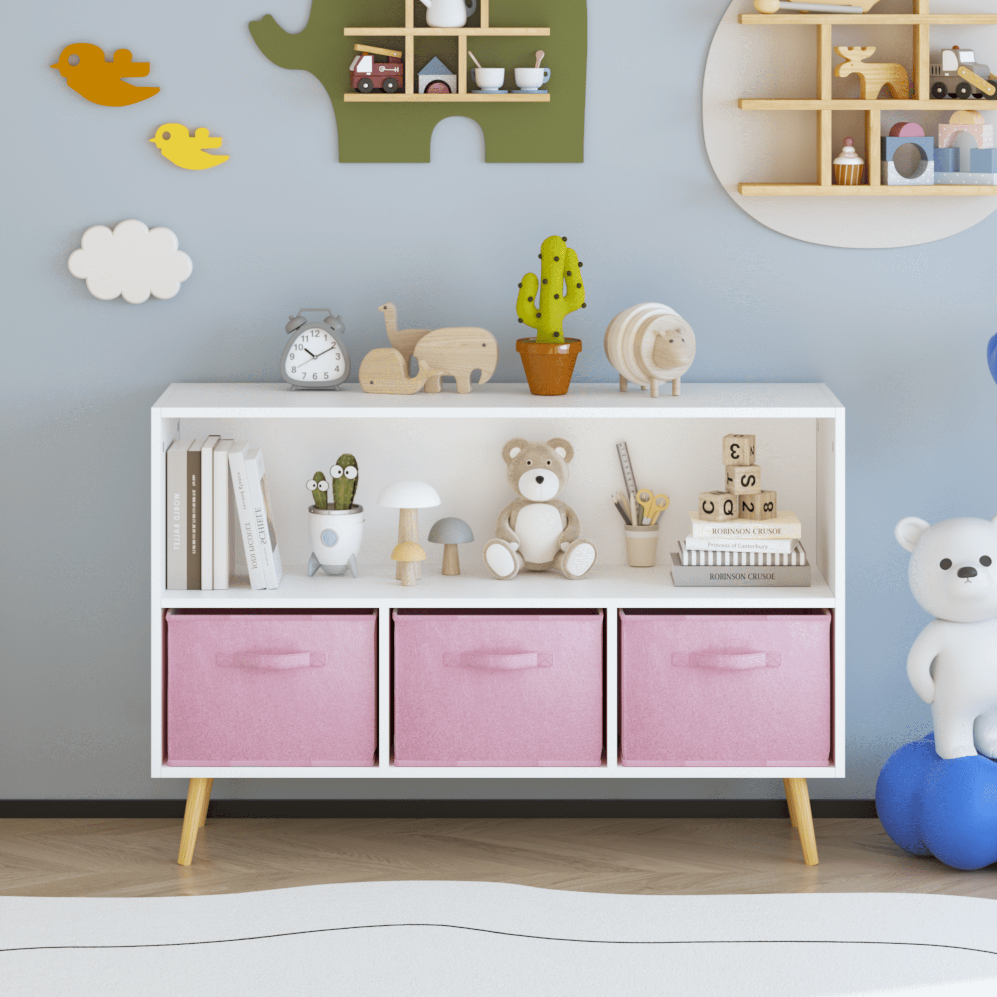 White & Pink Kids Bookcase with Fabric Drawers, MDF Storage Cabinet for Toys & Books - Wall-Mounted Safety Design, Easy Assembly (35.4"x11"x23.6")