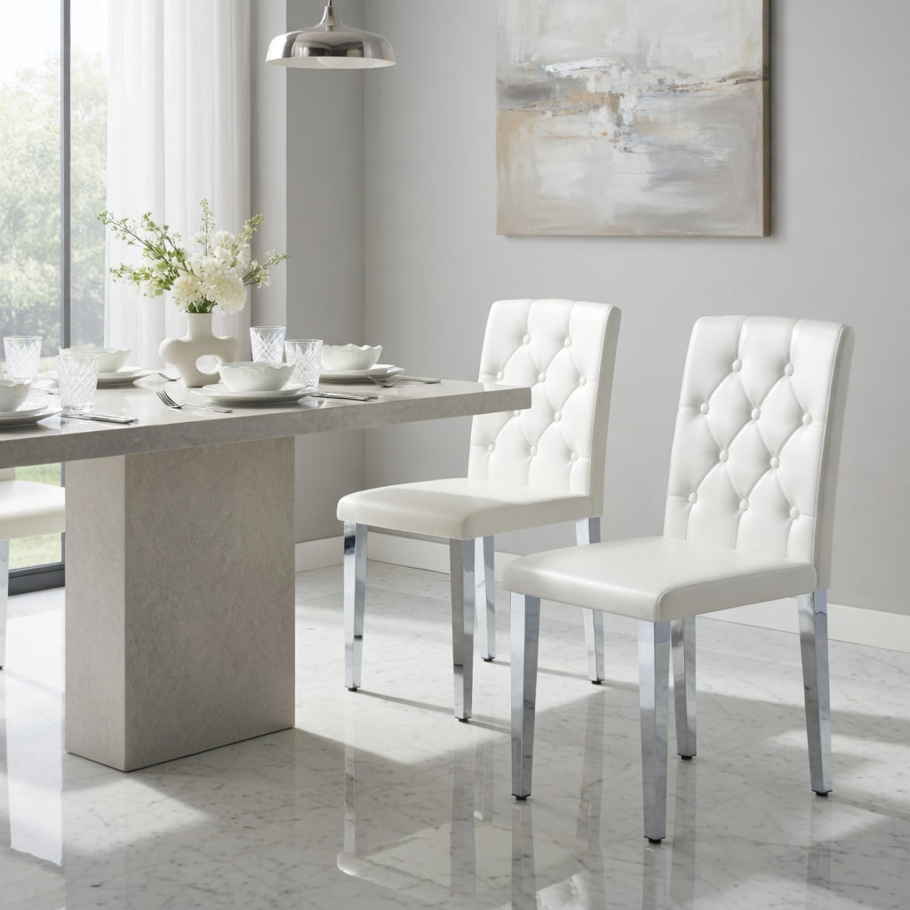 Hommoo 2-Pack Modern PU Leather Dining Chairs with Ergonomic Buckle Backrest & Metal Legs, 35 in Height, Comfortable Seating for Home, Restaurant & Hotel Use, White & Sliver