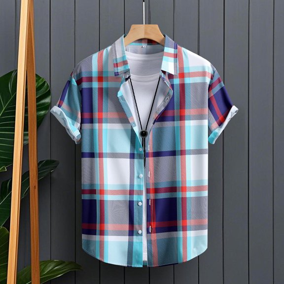 Men's Short Sleeve Plaid Button Down Shirts Stretch Casual Summer Beach Vacation Tops Lightweight Quick Dry Checkered Aloha Cardigan Shirt for Cruise Holiday