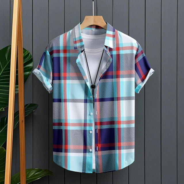 T-shirts pour Hommes Grande Taille à Moins de 5$ Chemise à Manches Courtes à Carreaux Col Rabattu Décontractée Imprimée Plage Marine G