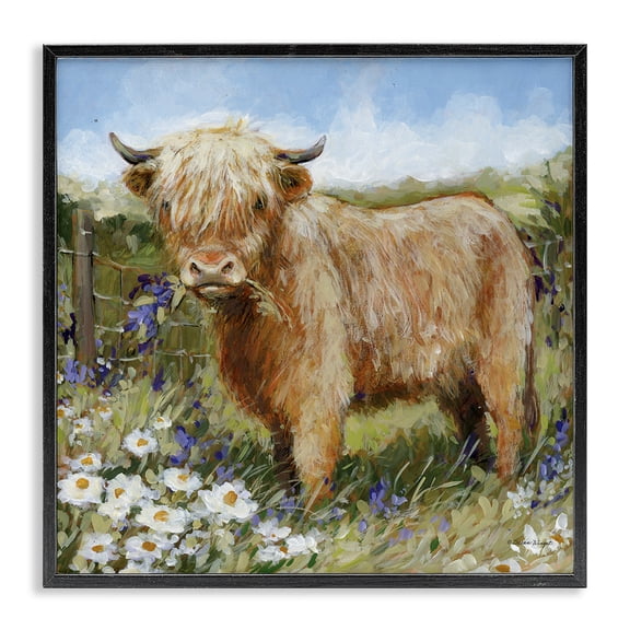 Stupell Industries Floral Pasture Highland Cow Animals Painting Black Framed Art Print Wall Art, 12 x 12
