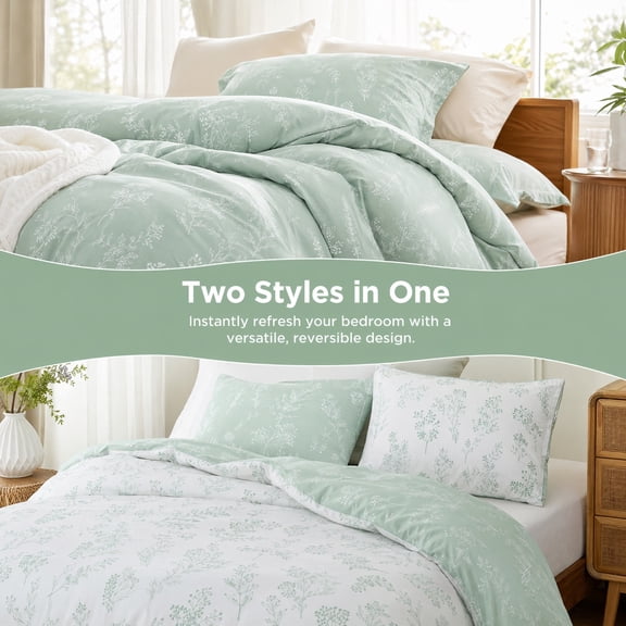Queen Comforter Set, Sage Green Lightweight Summer Floral Bedding, 3 Pieces Soft Reversible Botanical Flower Bed Set with 2 Pillow Shams