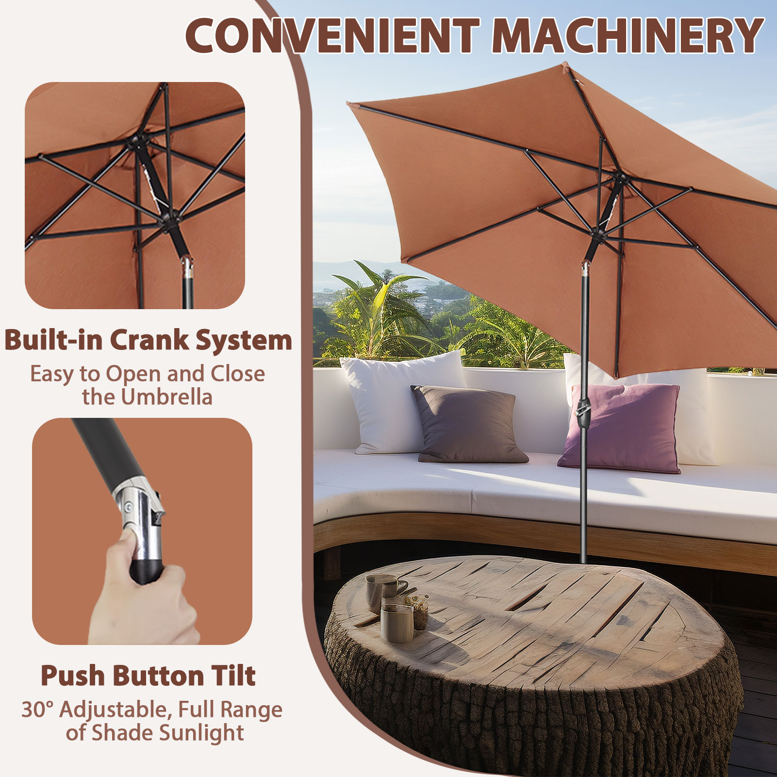 Autlaycil 9ft Outdoor Patio Umbrellas 6 Ribs W/ Tilt & Crank Patio Table Umbrella for Patio, Garden and Poolside- Coffee