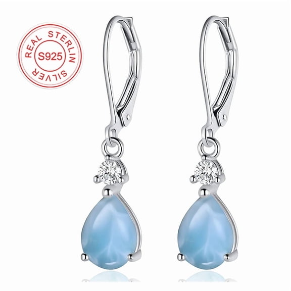 GEMSME Dangle Earrings for Women 925 Sterling Silver Double Water-Drop Type Larimar Stud Dainty Jewelry