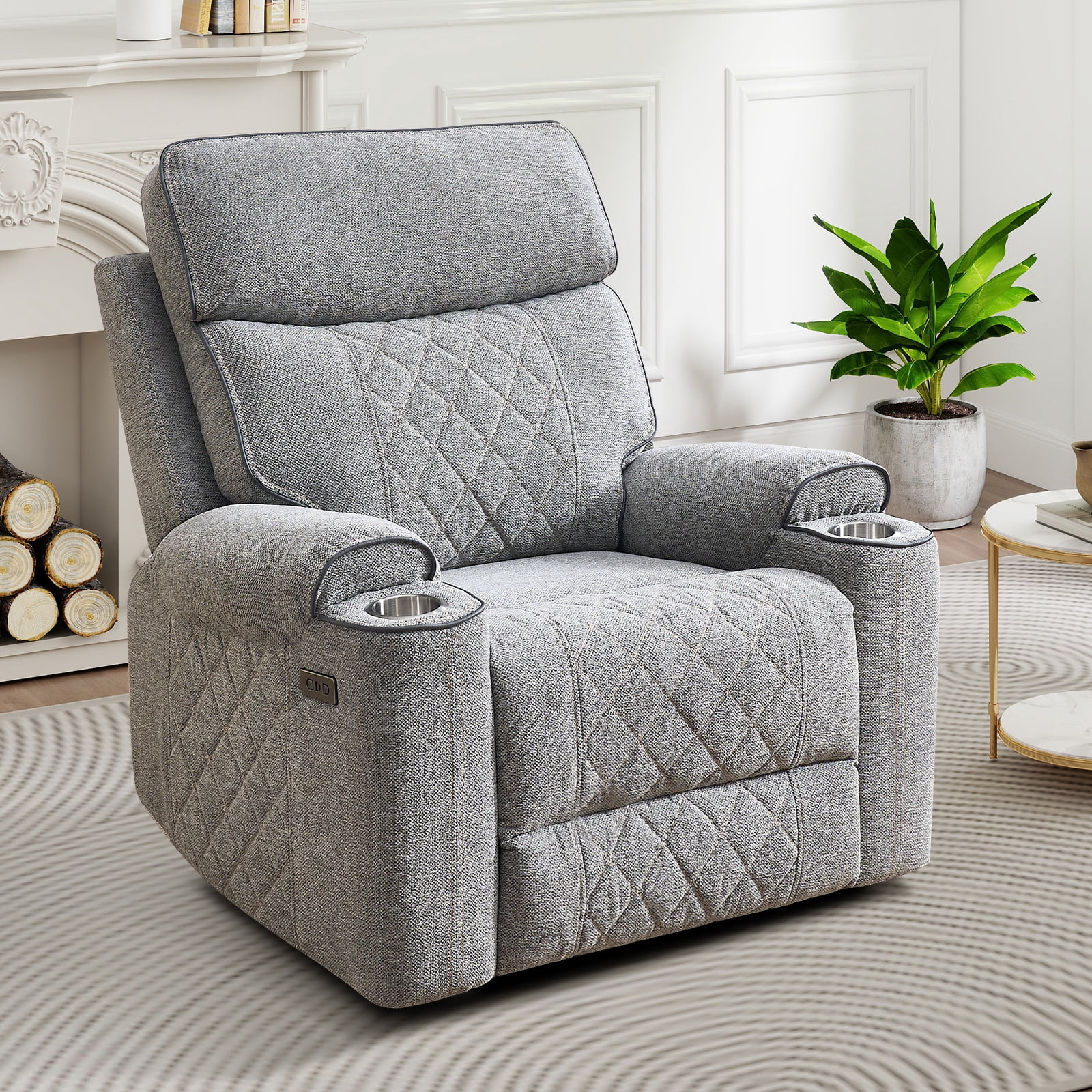 Bonzy Home Power Recliner Chair — Electric Fabric Recliner with Cup Holders & USB-C Charging Ports, Diamond Grid Upholstery, Light Grey