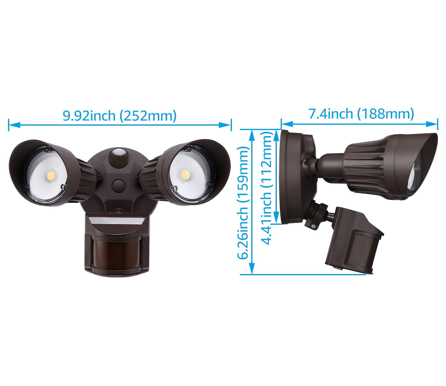 4 Pack Adjustable 2-Head Outdoor COB LED Security Light, Motion Sensor Floodlight, 3 Modes (Motion Detection + Dusk to Dawn + Switch Control), 100-277V, IP65 Waterproof, 5000K Daylight, Bronze