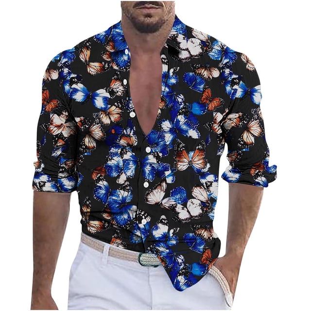 Blusa y camisa de manga larga con cuello vuelto para hombre, informal, a la moda, con botones, estampado, de poliéster