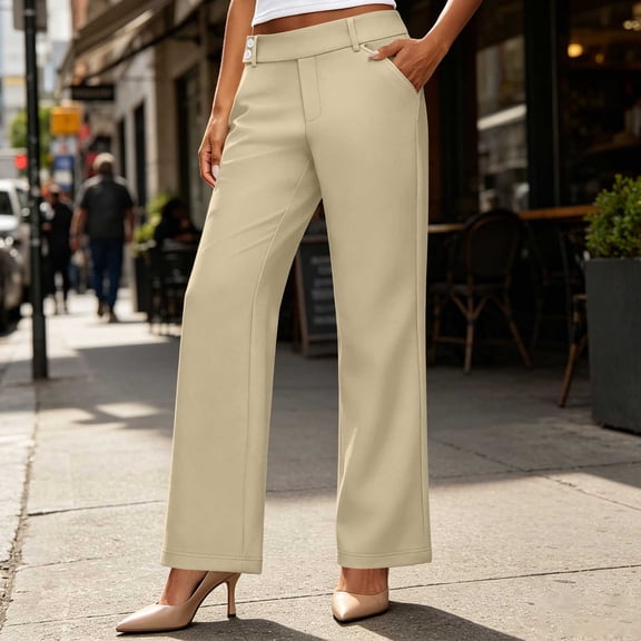 Women's Casual Suit Pants Baeitkot Women's Fashion Solid Color Button Zipper Pocket Back Elastic High Waist Slim Casual Suit Pants Beige L