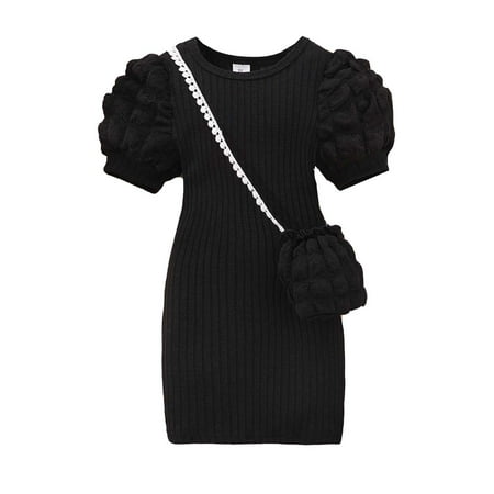 Odeerbi Kids Girls Puff Sleeve Bodycorn Dress with Cute Bag Party Mini Knit Dress Lightweight Short Sleeve Round Neck Solid Color Dress Set Kids Clothes Black