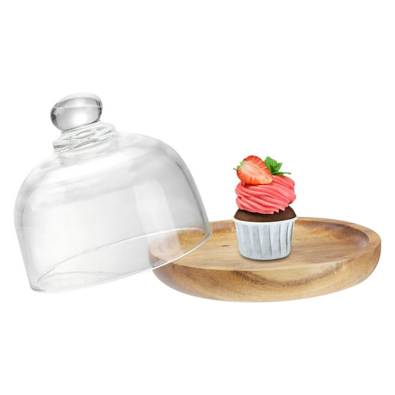 POPETPOP 1Set Wooden Cake Stand with Glass Dome Elegant Dessert Display Tray Brown