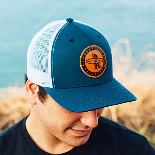Everyday California 'Marlin' Snapback Navy Blue and White Surf Hat Baseball Style Cap with Vegan Leather Patch 