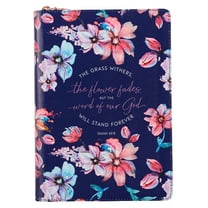 Classic Faux Leather Journal Word of Our God Will Stand Forever Isaiah 40:8 Bible Verse Navy Floral Inspirational Notebook, Lined Pages w/Scripture, Ribbon Marker, Zipper Closure