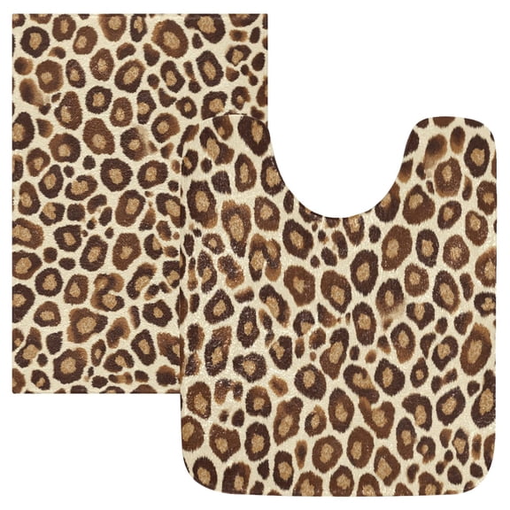 2 Piece Bath Mat Set with U-Shaped Toilet Mat and Rectangle Bath Rugs Non Slip Machine Washable Bathroom Mats Brown Leopard Print Pattern