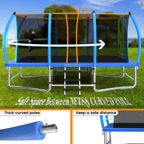 8x14ft Rectangular Trampoline with Enclosure, Ladder, Double-Side Galvanized Steel Frame, Outdoor Recreational Trampolines for Kids, Adults，steel Frame with 8 Balance Bars, 440lbs Weight Capacity,