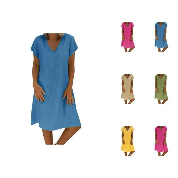 Tshirt Dress Women Summer Cotton Linen Plus Size Short Sleeve V Neck Knee Length Dresses T Shirt Dresses for Women