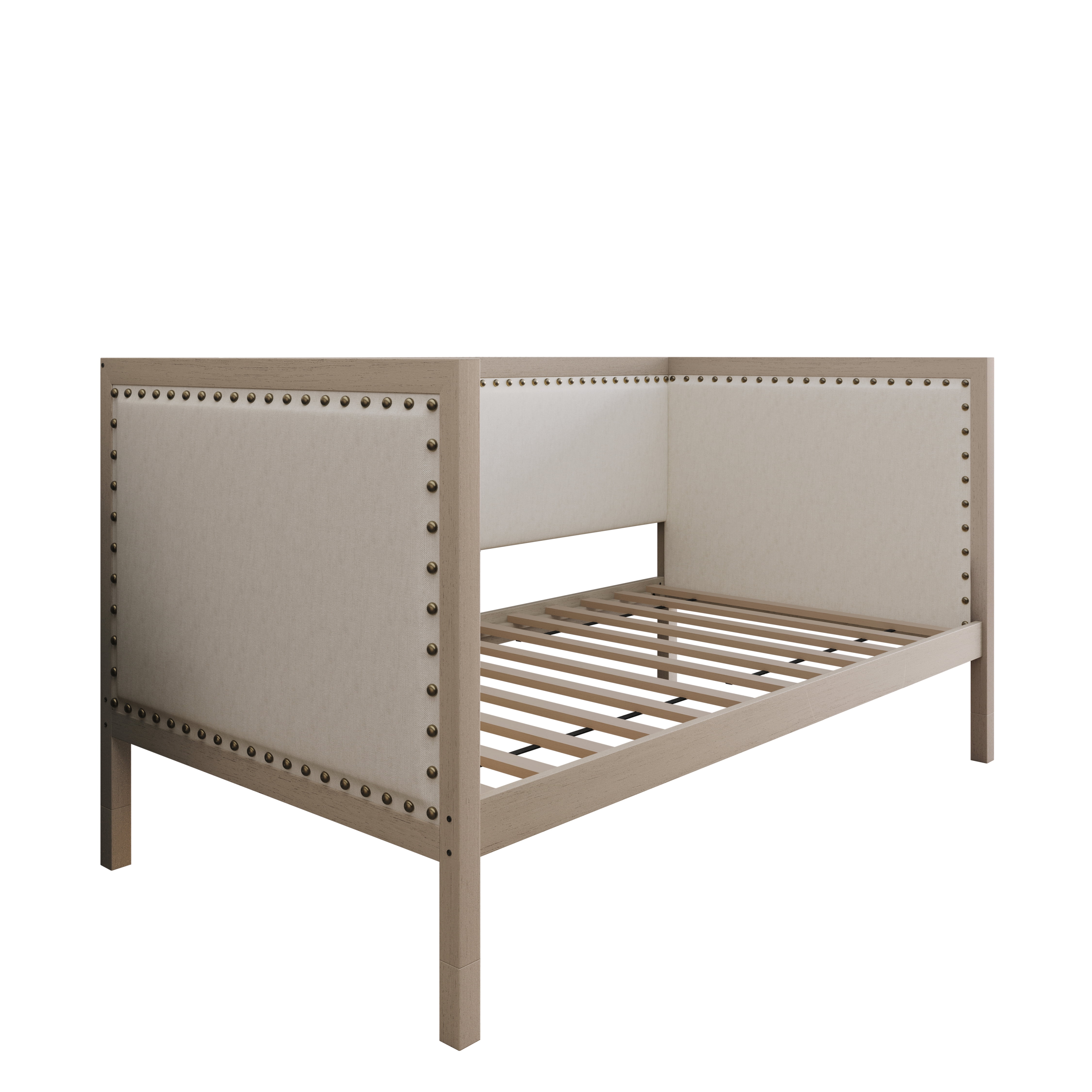 Home Design Cairo Twin Daybed with Upholstered Frame, Plush Foam Padding, Brass Nailhead Trim, Durable Construction, Stylish Seating and Sleeping Solution, Gray/Warm Gray